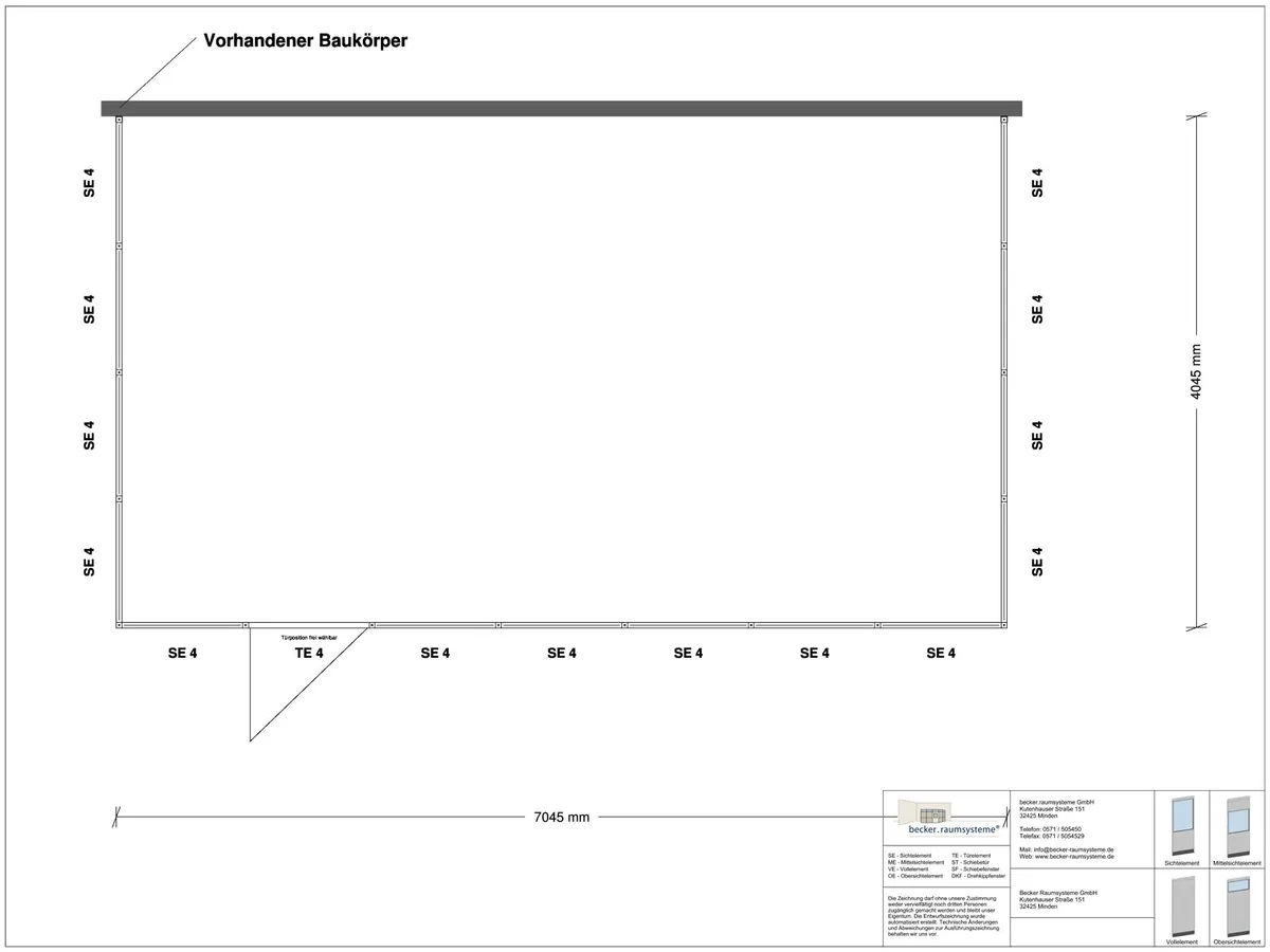 Zeichnung für Hallenbüro 3-seitig 7,00 x 4,00 m System RS 45 von Becker Raumsysteme - Artikel HB3-7040