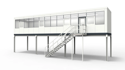 Meisterbüro auf Bühne aus vorgefertigten Bauteilen Meisterbüro auf Bühne für die Industrie aus modularen Bauteilen in einer Lagerhalle