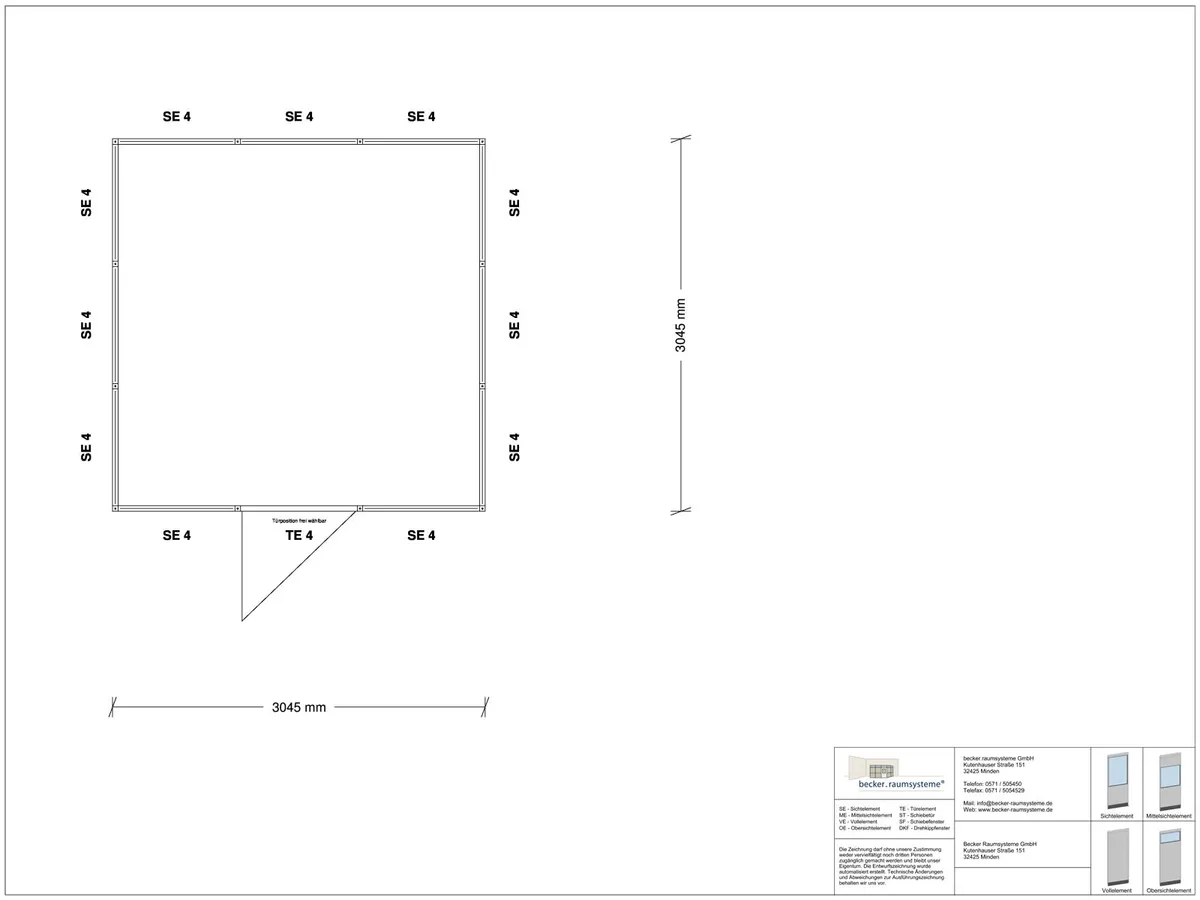 Zeichnung für Hallenbüro 4-seitig 3,00 x 3,00 m System RS 45 von Becker Raumsysteme - Artikel HB4-3030