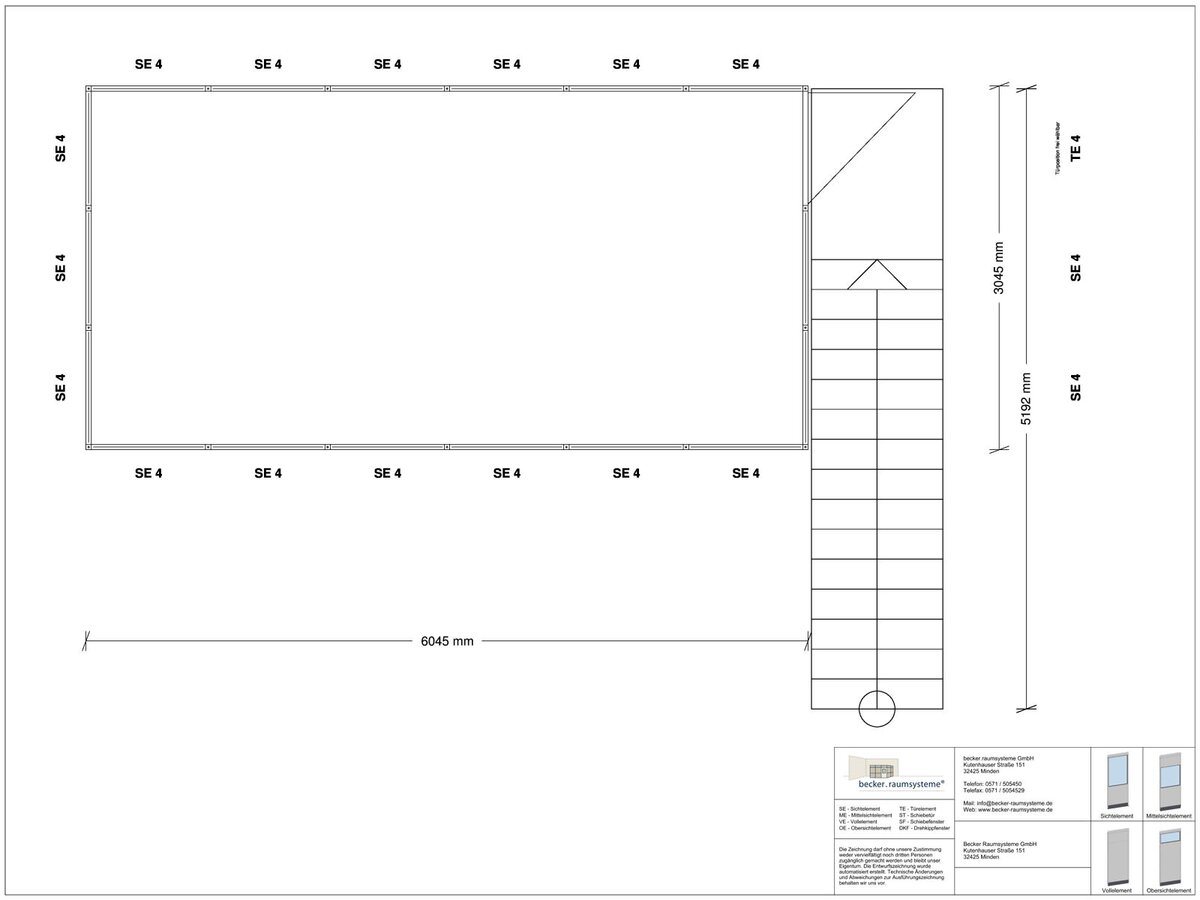 Zeichnung für Hallenbüro als Doppelstock 4-seitig 6,00 x 3,00 m System RS 45 von Becker Raumsysteme - Artikel HD4-6030