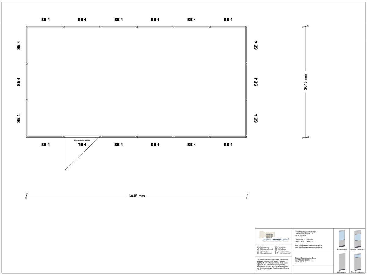Zeichnung für Stellwand 4-seitig 6,00 x 3,00 m System RS 45 von Becker Raumsysteme - Artikel SW4-6030