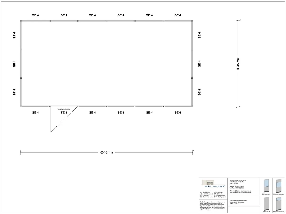 Zeichnung für Stellwand 4-seitig 6,00 x 3,00 m System RS 45 von Becker Raumsysteme - Artikel SW4-6030