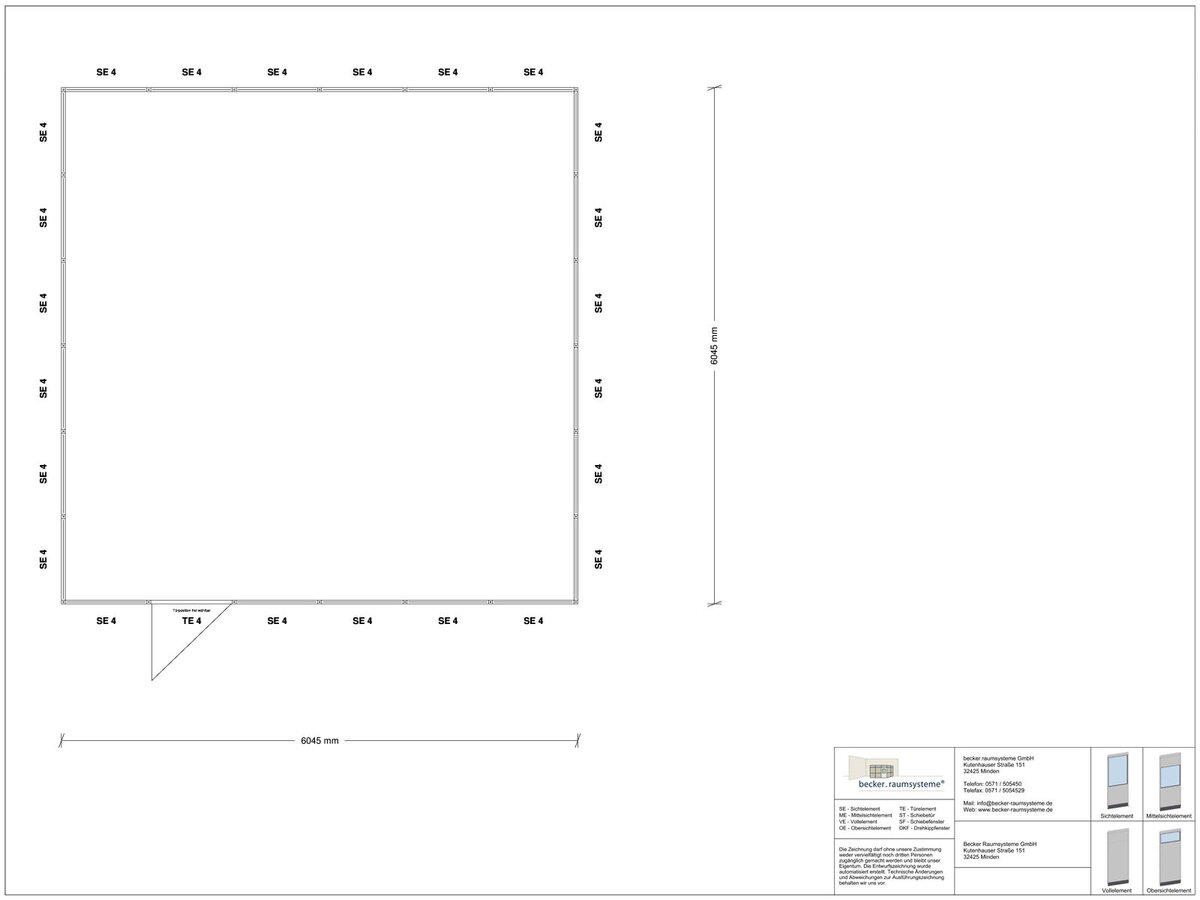 Zeichnung für Stellwand 4-seitig 6,00 x 6,00 m System RS 45 von Becker Raumsysteme - Artikel SW4-6060