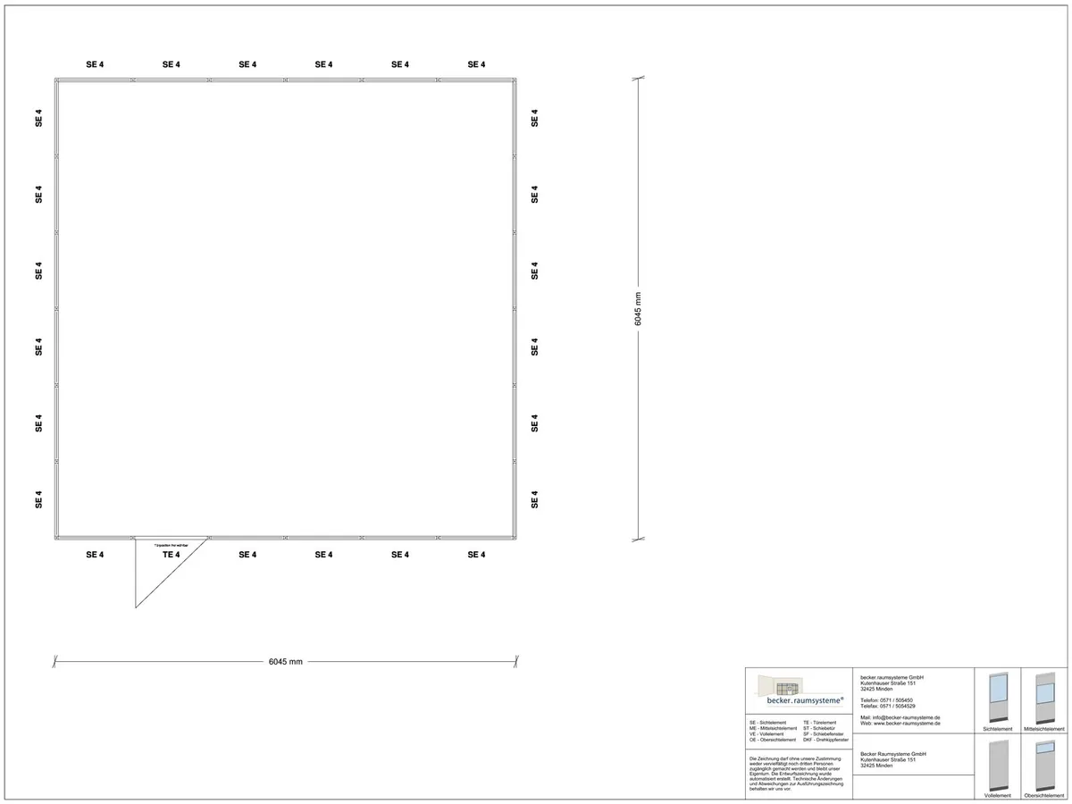 Zeichnung für Stellwand 4-seitig 6,00 x 6,00 m System RS 45 von Becker Raumsysteme - Artikel SW4-6060
