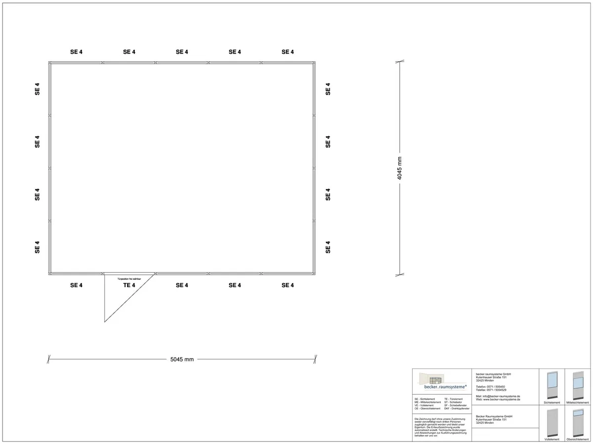 Zeichnung für Hallenbüro 4-seitig 5,00 x 4,00 m System RS 45 von Becker Raumsysteme - Artikel HB4-5040