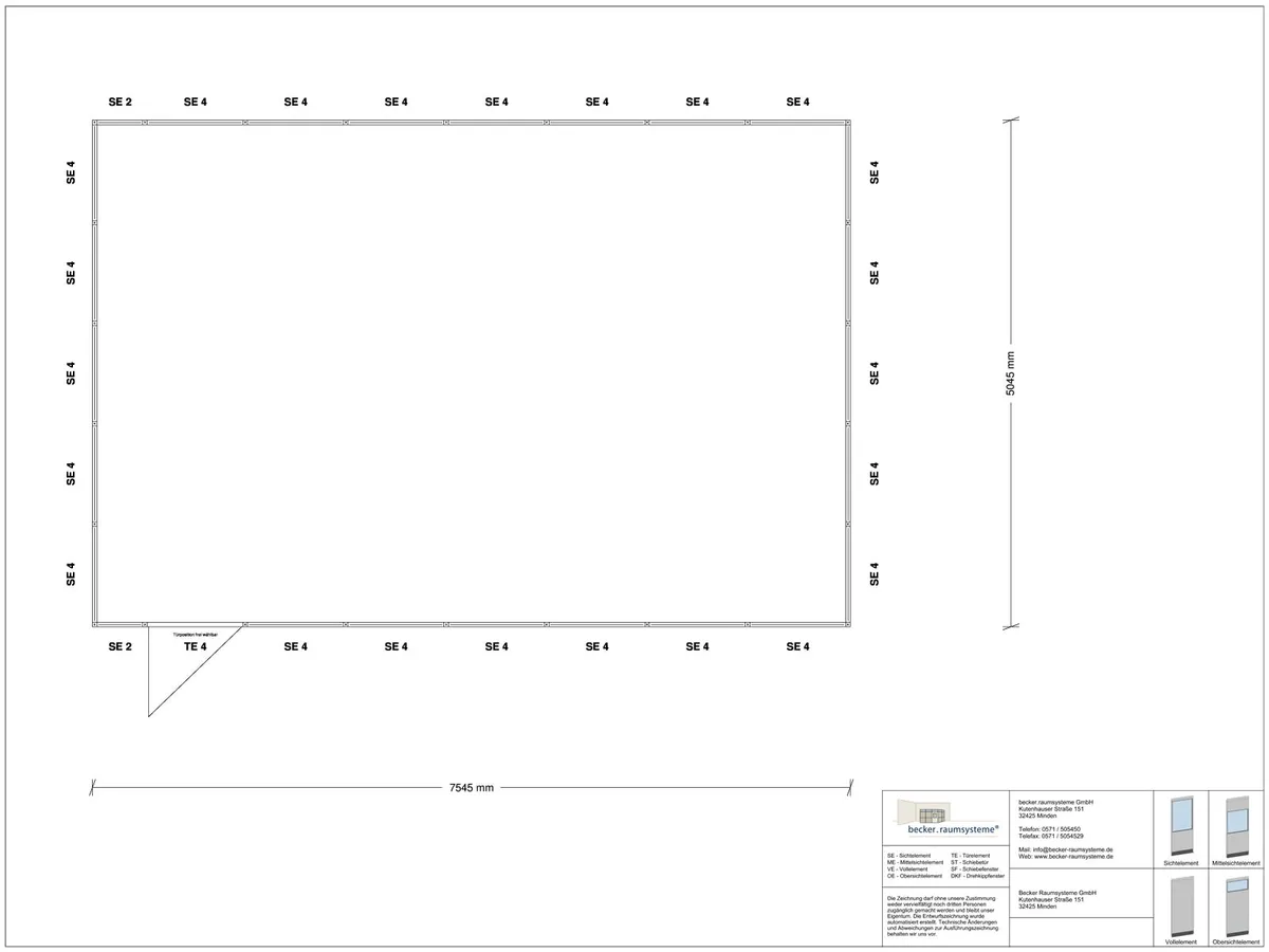 Zeichnung für Hallenbüro 4-seitig 7,50 x 5,00 m System RS 45 von Becker Raumsysteme - Artikel HB4-7550