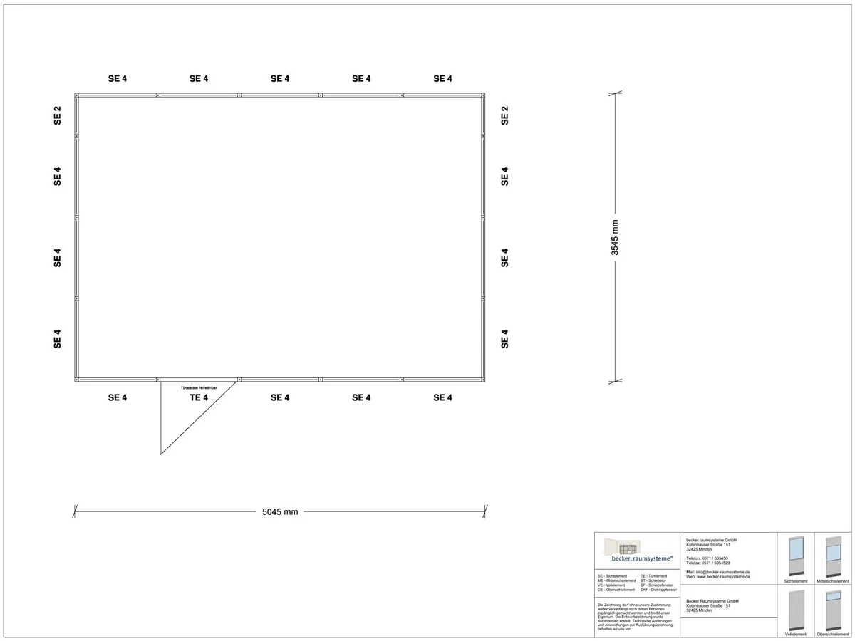 Zeichnung für Hallenbüro 4-seitig 5,00 x 3,50 m System RS 45 von Becker Raumsysteme - Artikel HB4-5035