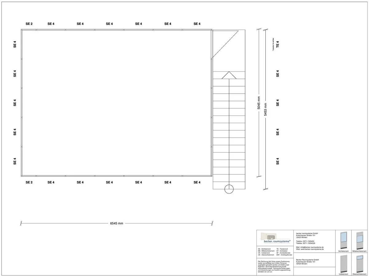 Zeichnung für Hallenbüro auf Stahlbau 4-seitig 6,50 x 5,00 m System RS 45 von Becker Raumsysteme - Artikel HS4-6550