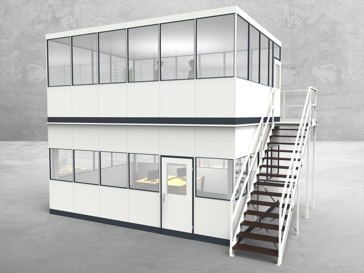 Aussenansicht für Hallenbüro als Doppelstock 4-seitig 6,00 x 4,50 m System RS 45 von Becker Raumsysteme - Artikel HD4-6045