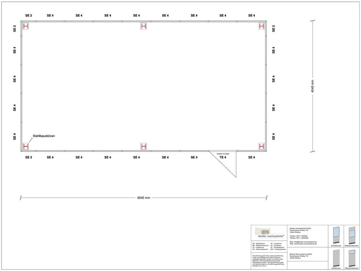 Zeichnung für Hallenbüro als Doppelstock 4-seitig 8,50 x 4,50 m System RS 45 von Becker Raumsysteme - Artikel HD4-8545