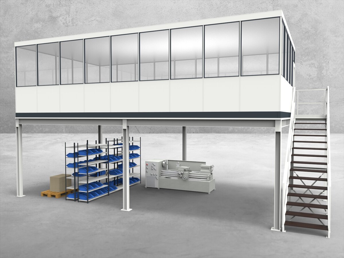 Aussenansicht für Hallenbüro auf Stahlbau 4-seitig 9,00 x 5,00 m System RS 45 von Becker Raumsysteme - Artikel HS4-9050