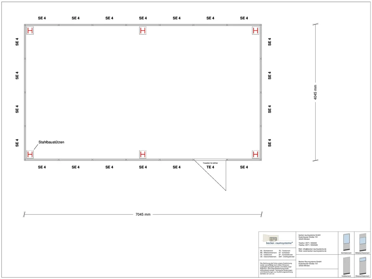 Aussenansicht für Hallenbüro als Doppelstock 4-seitig 7,00 x 5,50 m System RS 45 von Becker Raumsysteme - Artikel HD4-7055