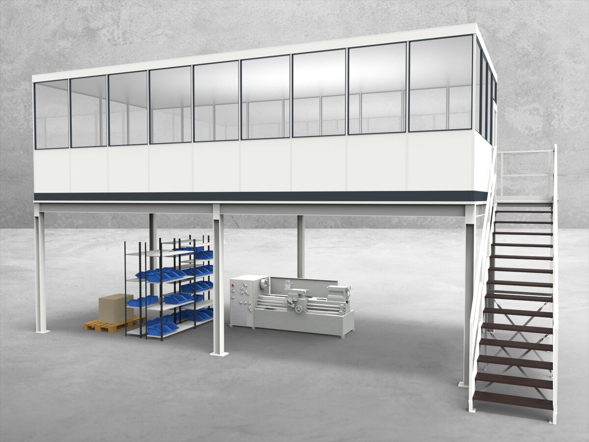 Aussenansicht für Hallenbüro auf Stahlbau 4-seitig 9,00 x 4,00 m System RS 45 von Becker Raumsysteme - Artikel HS4-9040