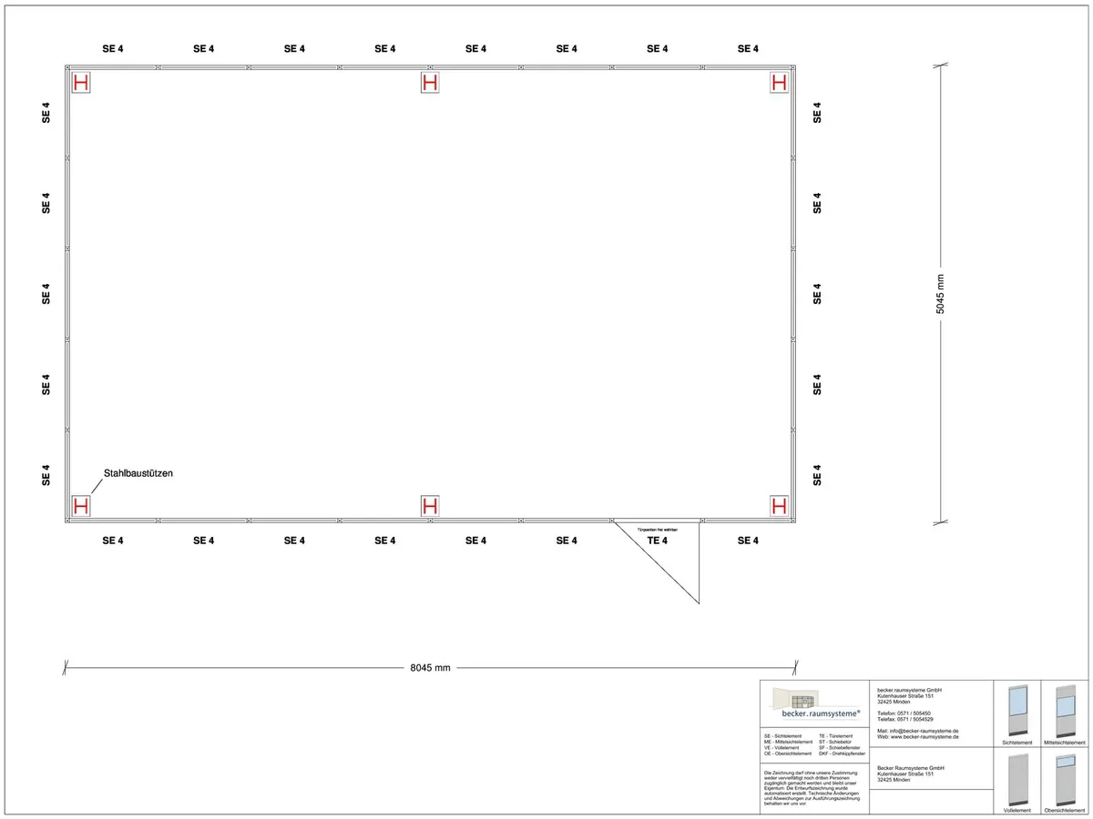 Zeichnung für Hallenbüro als Doppelstock 4-seitig 8,00 x 5,00 m System RS 45 von Becker Raumsysteme - Artikel HD4-8050