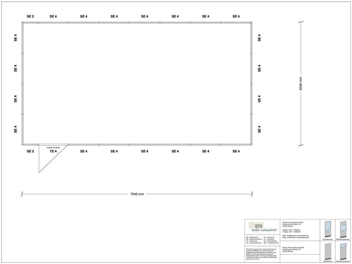 Zeichnung für Stellwand 4-seitig 7,50 x 4,00 m System RS 45 von Becker Raumsysteme - Artikel SW4-7540