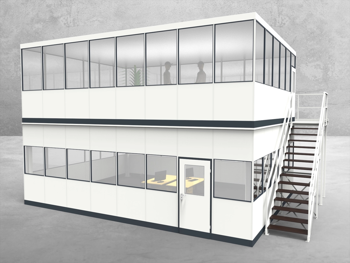 Aussenansicht für Hallenbüro als Doppelstock 4-seitig 8,00 x 6,00 m System RS 45 von Becker Raumsysteme - Artikel HD4-8060