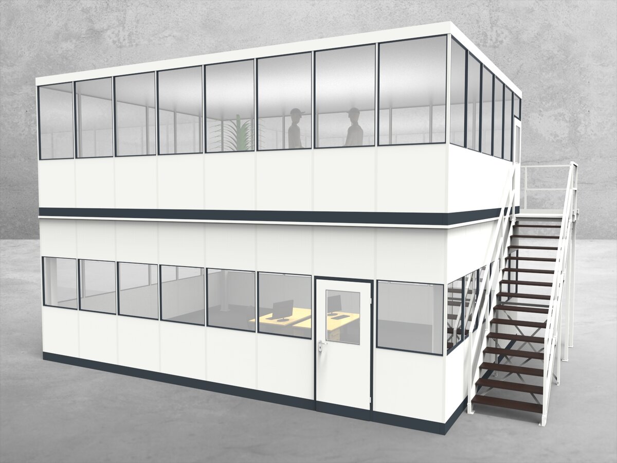 Aussenansicht für Hallenbüro als Doppelstock 4-seitig 8,00 x 6,00 m System RS 45 von Becker Raumsysteme - Artikel HD4-8060