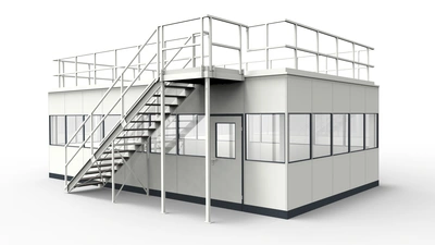 Hallenbüro unter Bühne aus dem System RS45 Hallenbüro unter Bühne aus vorgefertigten Bauteilen für Industrielösungen