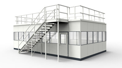 Hallenbüro unter Bühne aus dem System RS45 Hallenbüro unter Bühne aus vorgefertigten Bauteilen für Industrielösungen