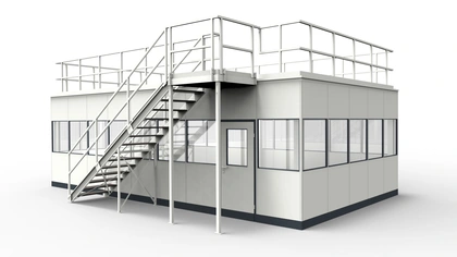 Hallenbüro unter Bühne aus dem System RS45 Hallenbüro unter Bühne aus vorgefertigten Bauteilen für Industrielösungen