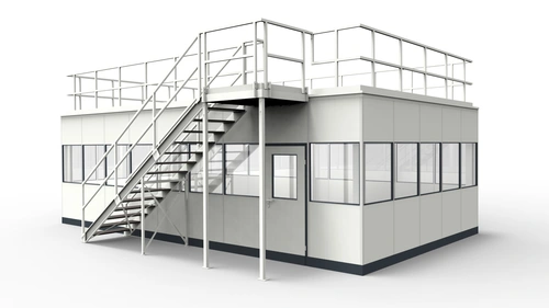 Hallenbüro unter Bühne aus dem System RS45 Hallenbüro unter Bühne aus vorgefertigten Bauteilen für Industrielösungen