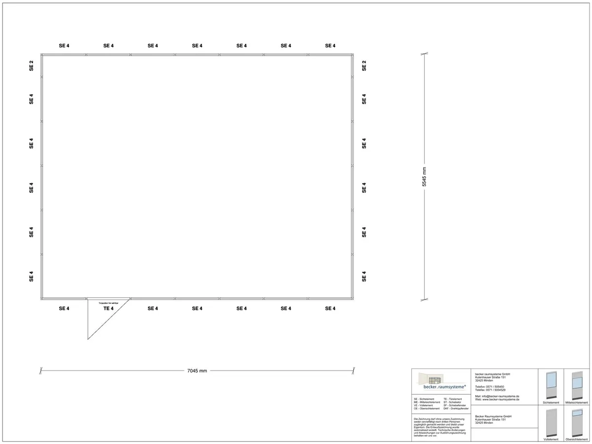 Zeichnung für Hallenbüro 4-seitig 7,00 x 5,50 m System RS 45 von Becker Raumsysteme - Artikel HB4-7055