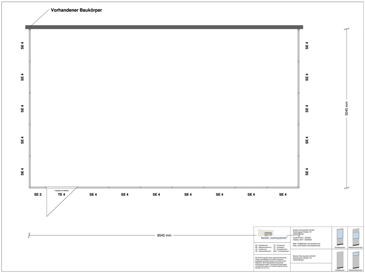 Zeichnung für Hallenbüro 3-seitig 8,50 x 5,00 m System RS 45 von Becker Raumsysteme - Artikel HB3-8550