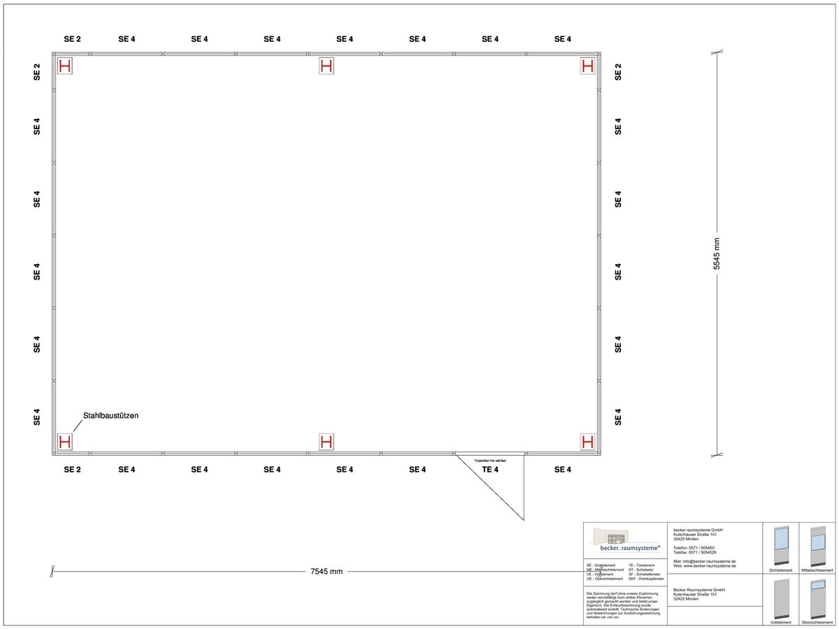 Zeichnung für Hallenbüro als Doppelstock 4-seitig 7,50 x 5,50 m System RS 45 von Becker Raumsysteme - Artikel HD4-7555
