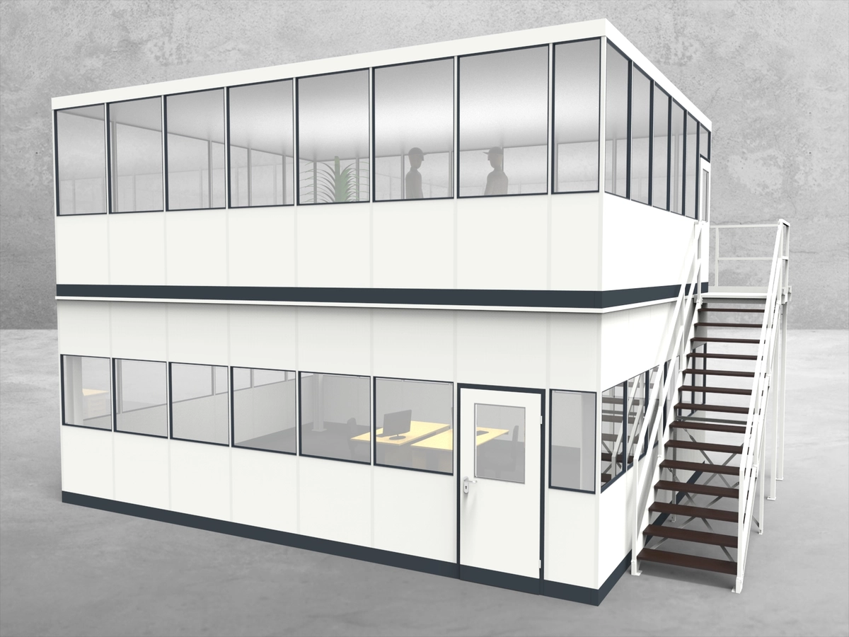 Aussenansicht für Hallenbüro als Doppelstock 4-seitig 7,50 x 6,00 m System RS 45 von Becker Raumsysteme - Artikel HD4-7560