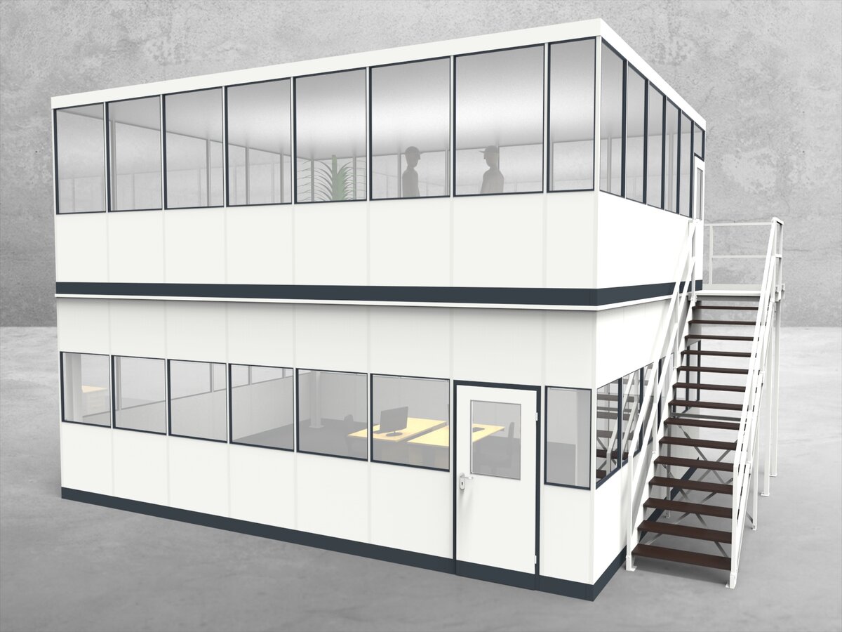 Aussenansicht für Hallenbüro als Doppelstock 4-seitig 7,50 x 6,00 m System RS 45 von Becker Raumsysteme - Artikel HD4-7560