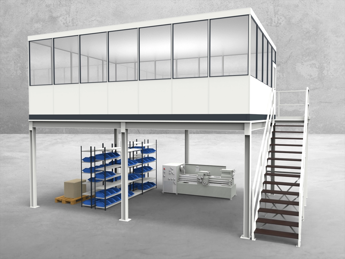Aussenansicht für Hallenbüro auf Stahlbau 4-seitig 7,00 x 5,00 m System RS 45 von Becker Raumsysteme - Artikel HS4-7050