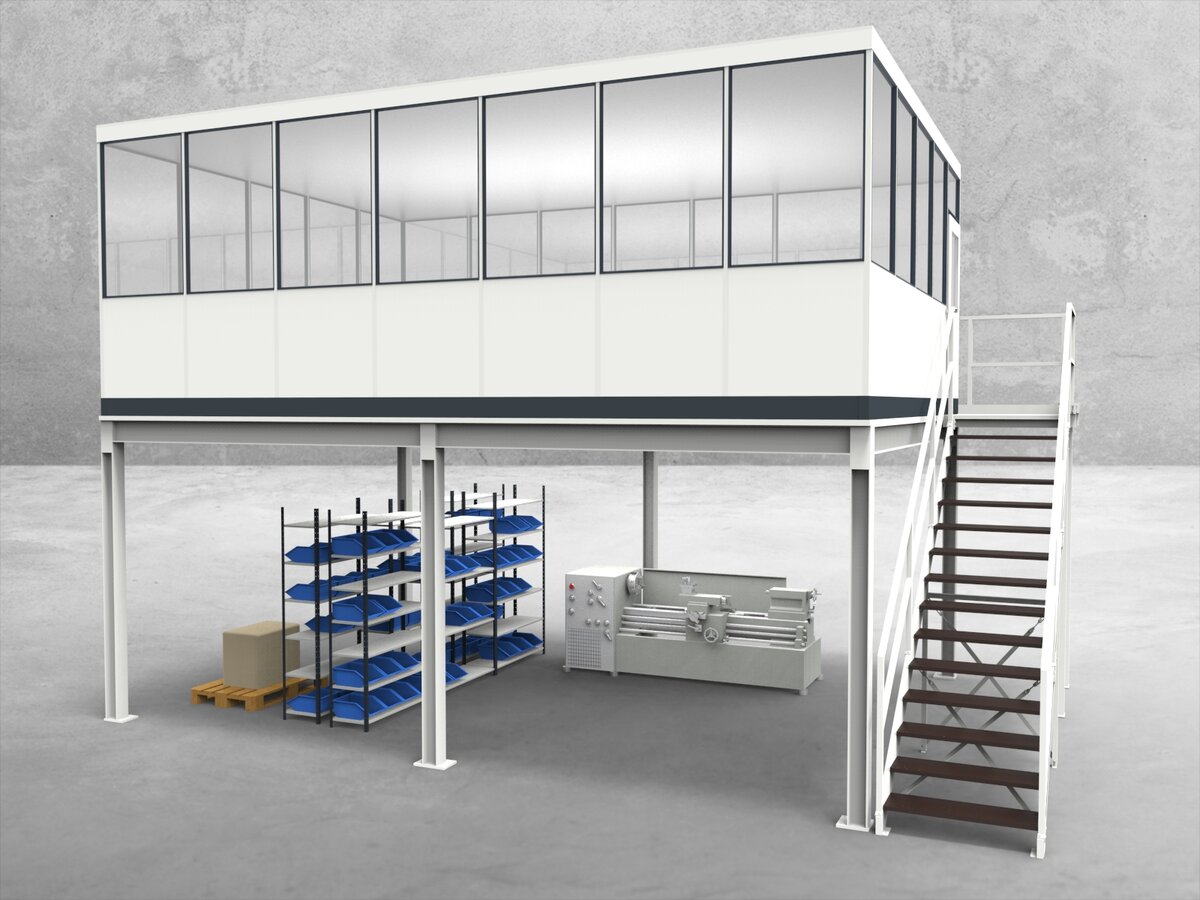 Aussenansicht für Hallenbüro auf Stahlbau 4-seitig 7,00 x 5,00 m System RS 45 von Becker Raumsysteme - Artikel HS4-7050