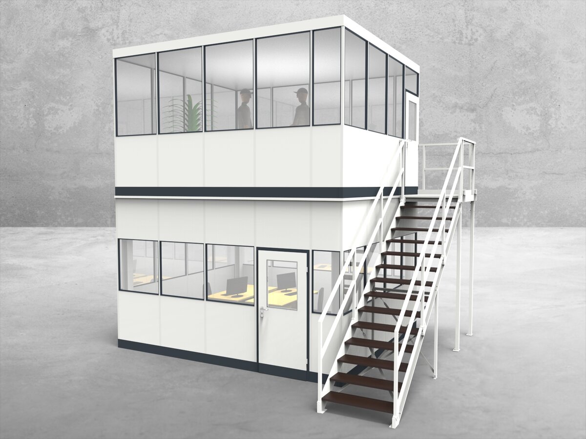 Aussenansicht für Hallenbüro als Doppelstock 4-seitig 4,50 x 4,00 m System RS 45 von Becker Raumsysteme - Artikel HD4-4540