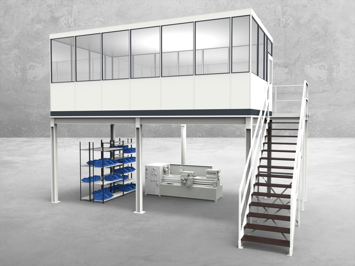 Aussenansicht für Hallenbüro auf Stahlbau 4-seitig 6,50 x 3,50 m System RS 45 von Becker Raumsysteme - Artikel HS4-6535