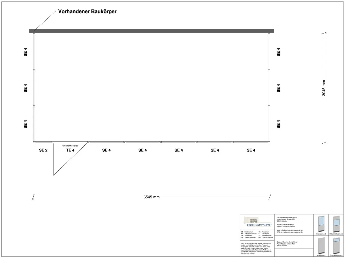 Zeichnung für Hallenbüro 3-seitig 6,50 x 3,00 m System RS 45 von Becker Raumsysteme - Artikel HB3-6530