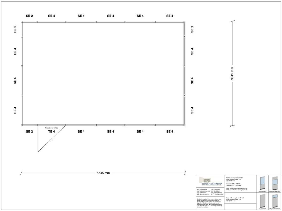 Zeichnung für Stellwand 4-seitig 5,50 x 3,50 m System RS 45 von Becker Raumsysteme - Artikel SW4-5535