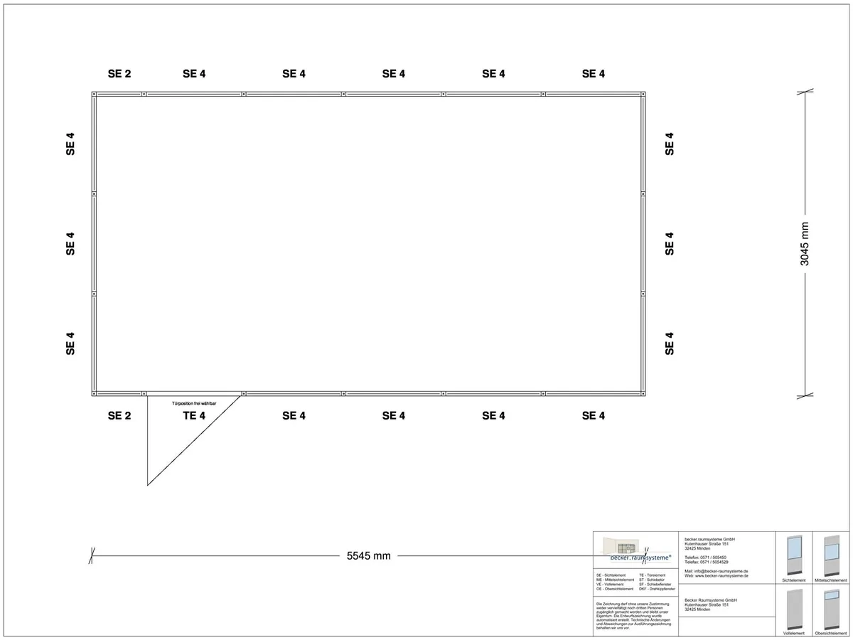 Zeichnung für Hallenbüro 4-seitig 5,50 x 3,00 m System RS 45 von Becker Raumsysteme - Artikel HB4-5530