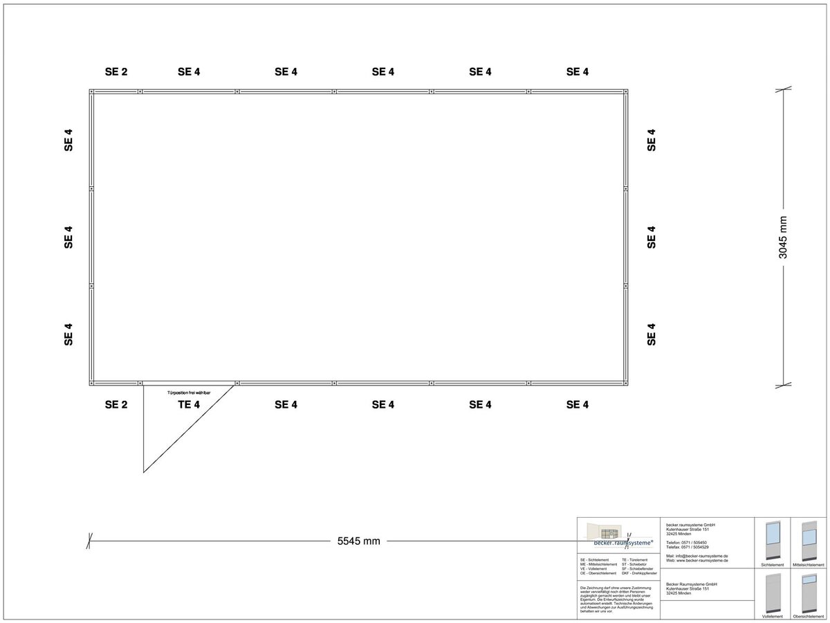 Zeichnung für Hallenbüro 4-seitig 5,50 x 3,00 m System RS 45 von Becker Raumsysteme - Artikel HB4-5530