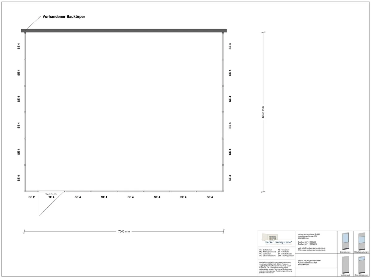 Zeichnung für Hallenbüro 3-seitig 7,50 x 6,00 m System RS 45 von Becker Raumsysteme - Artikel HB3-7560