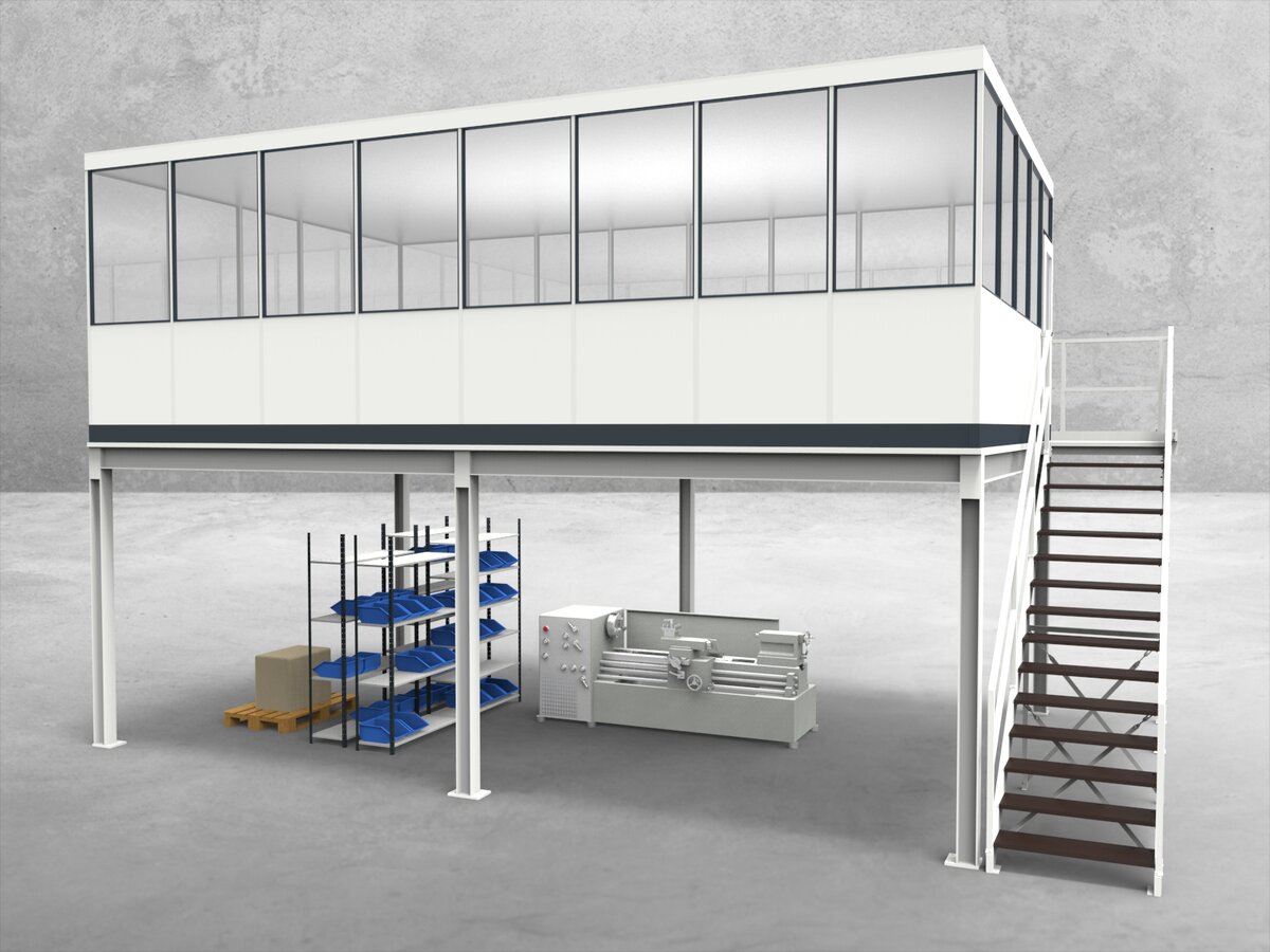 Aussenansicht für Hallenbüro auf Stahlbau 4-seitig 8,00 x 5,00 m System RS 45 von Becker Raumsysteme - Artikel HS4-8050