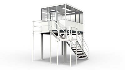 Meisterkabine auf Bühne aus vorgefertigten Bauteilen Meisterkabine auf Bühne in Industriehalle als Abtrennungen vom Produktionsprozess