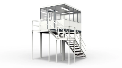 Meisterkabine auf Bühne aus vorgefertigten Bauteilen Meisterkabine auf Bühne in Industriehalle als Abtrennungen vom Produktionsprozess