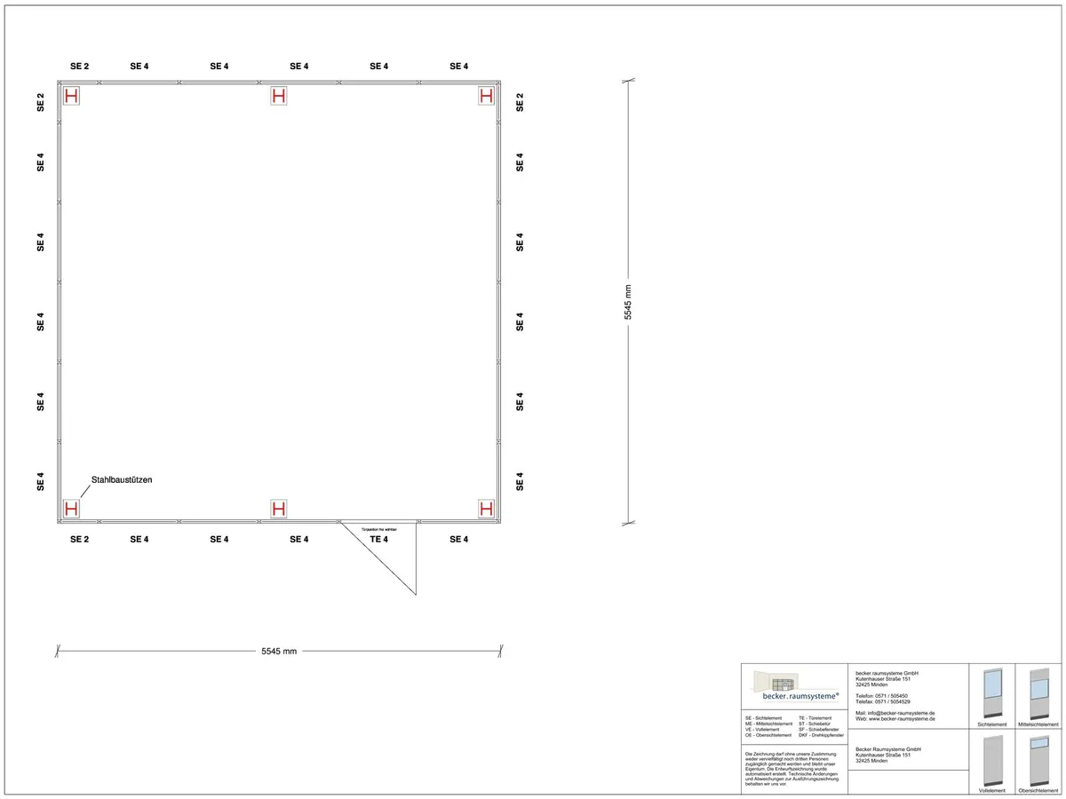 Zeichnung für Hallenbüro als Doppelstock 4-seitig 5,50 x 5,50 m System RS 45 von Becker Raumsysteme - Artikel HD4-5555