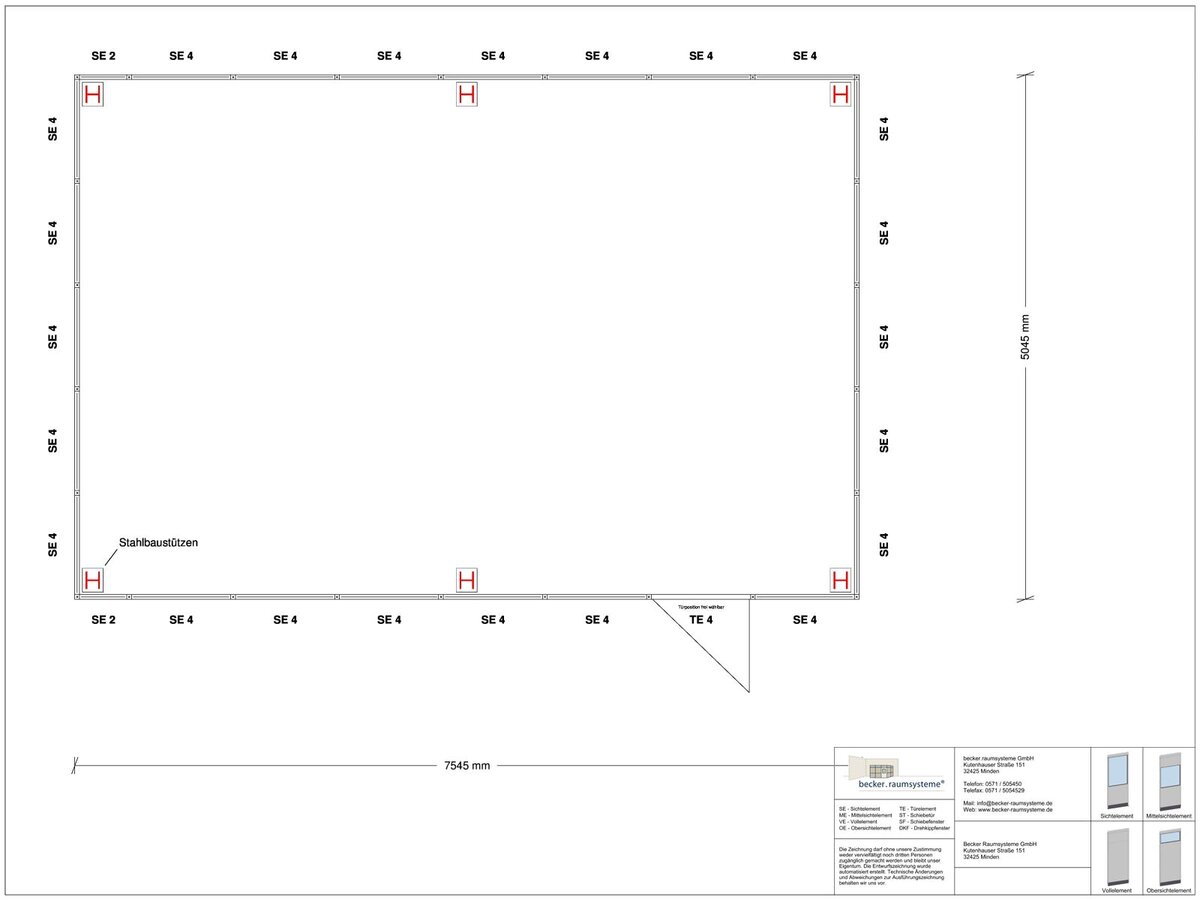 Zeichnung für Hallenbüro als Doppelstock 4-seitig 7,50 x 5,00 m System RS 45 von Becker Raumsysteme - Artikel HD4-7550