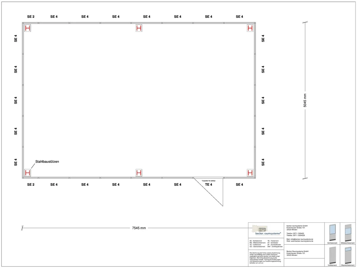 Zeichnung für Hallenbüro als Doppelstock 4-seitig 7,50 x 5,00 m System RS 45 von Becker Raumsysteme - Artikel HD4-7550