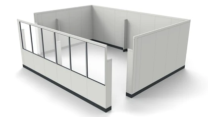 Maschineneinhausung mit einem Sichtschutz zur Präsentation Maschineneinhausung durch freie Stellwände mit einem Sichtschutz zur Präsentation