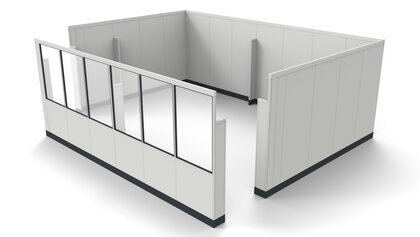 Maschineneinhausung mit einem Sichtschutz zur Präsentation Maschineneinhausung durch freie Stellwände mit einem Sichtschutz zur Präsentation