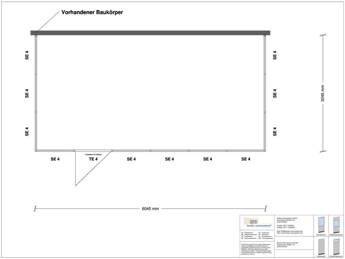 Zeichnung für Hallenbüro 3-seitig 6,00 x 3,00 m System RS 45 von Becker Raumsysteme - Artikel HB3-6030