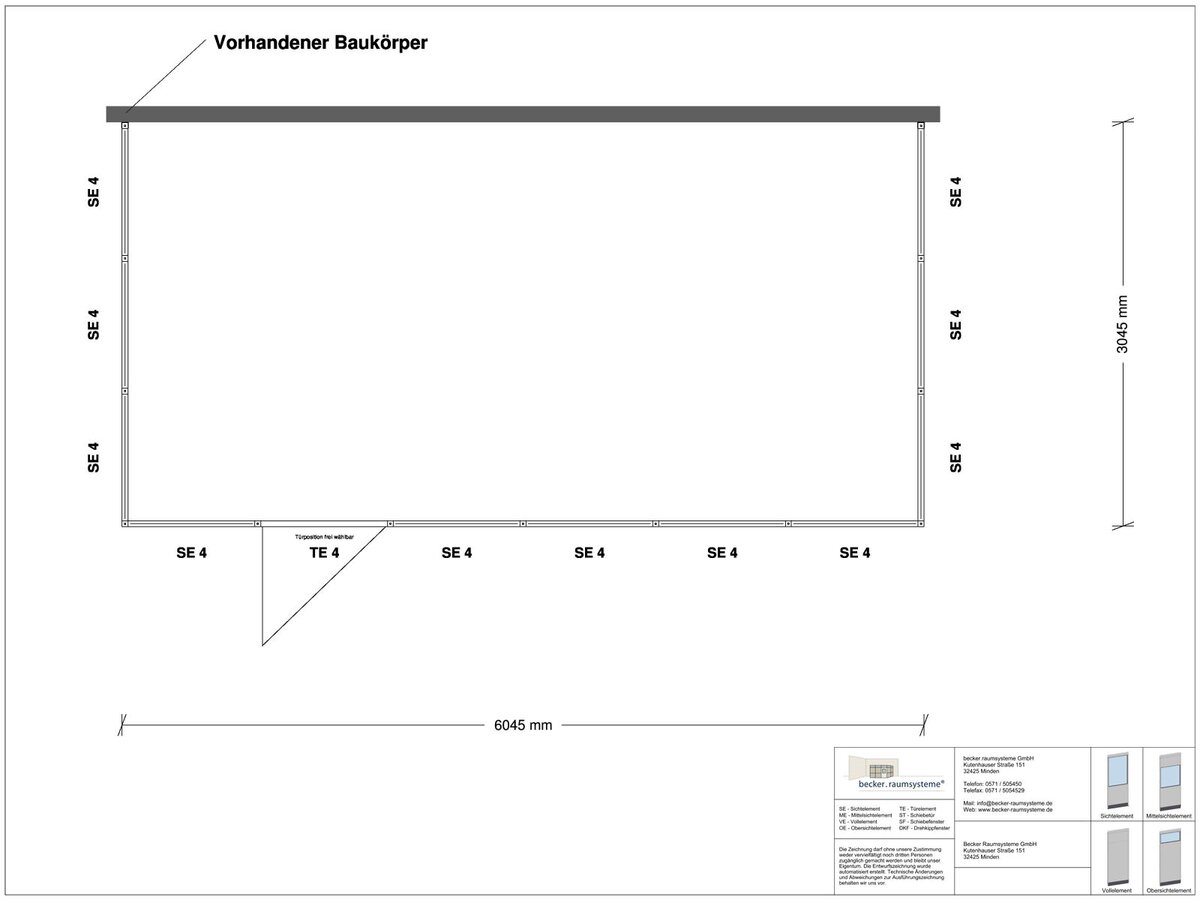 Zeichnung für Hallenbüro 3-seitig 6,00 x 3,00 m System RS 45 von Becker Raumsysteme - Artikel HB3-6030