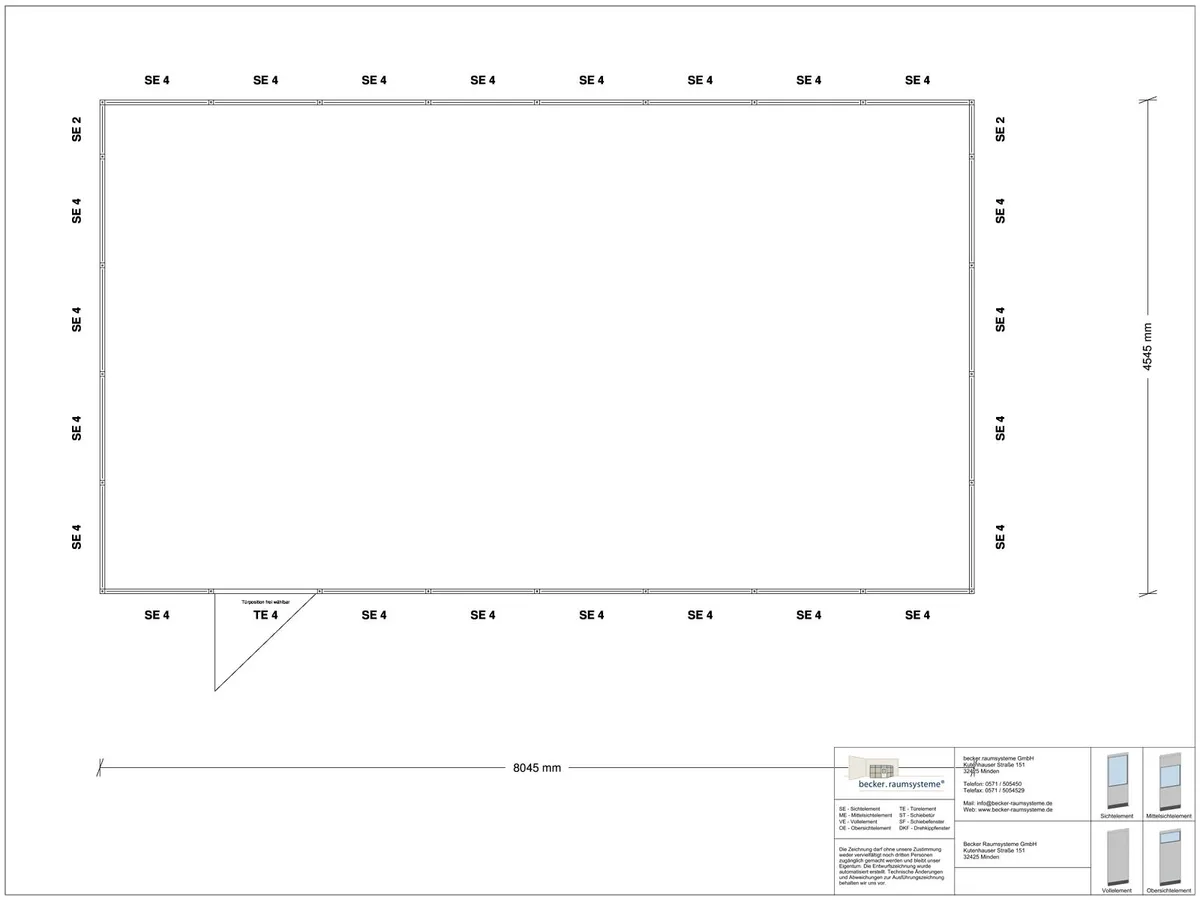 Zeichnung für Hallenbüro 4-seitig 8,00 x 4,50 m System RS 45 von Becker Raumsysteme - Artikel HB4-8045